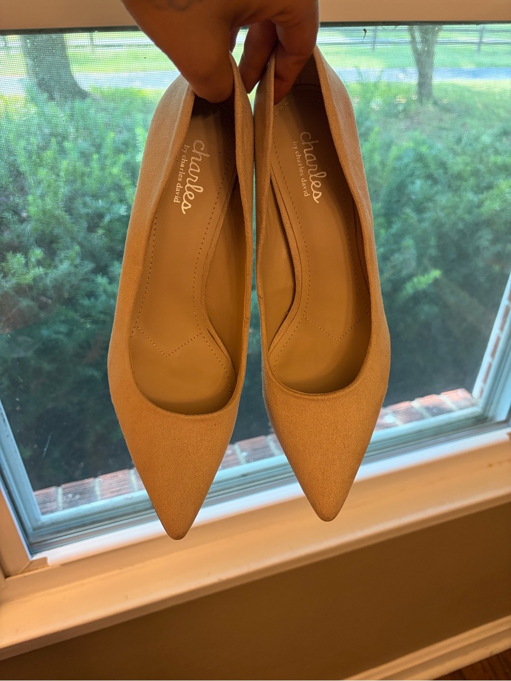 Nude suede block heel pumps